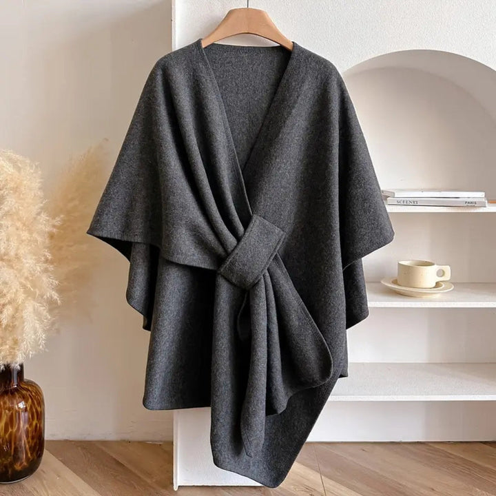 Women's taupe microfiber wrap scarf. Windproof design offers elegant warmth for autumn & winter.