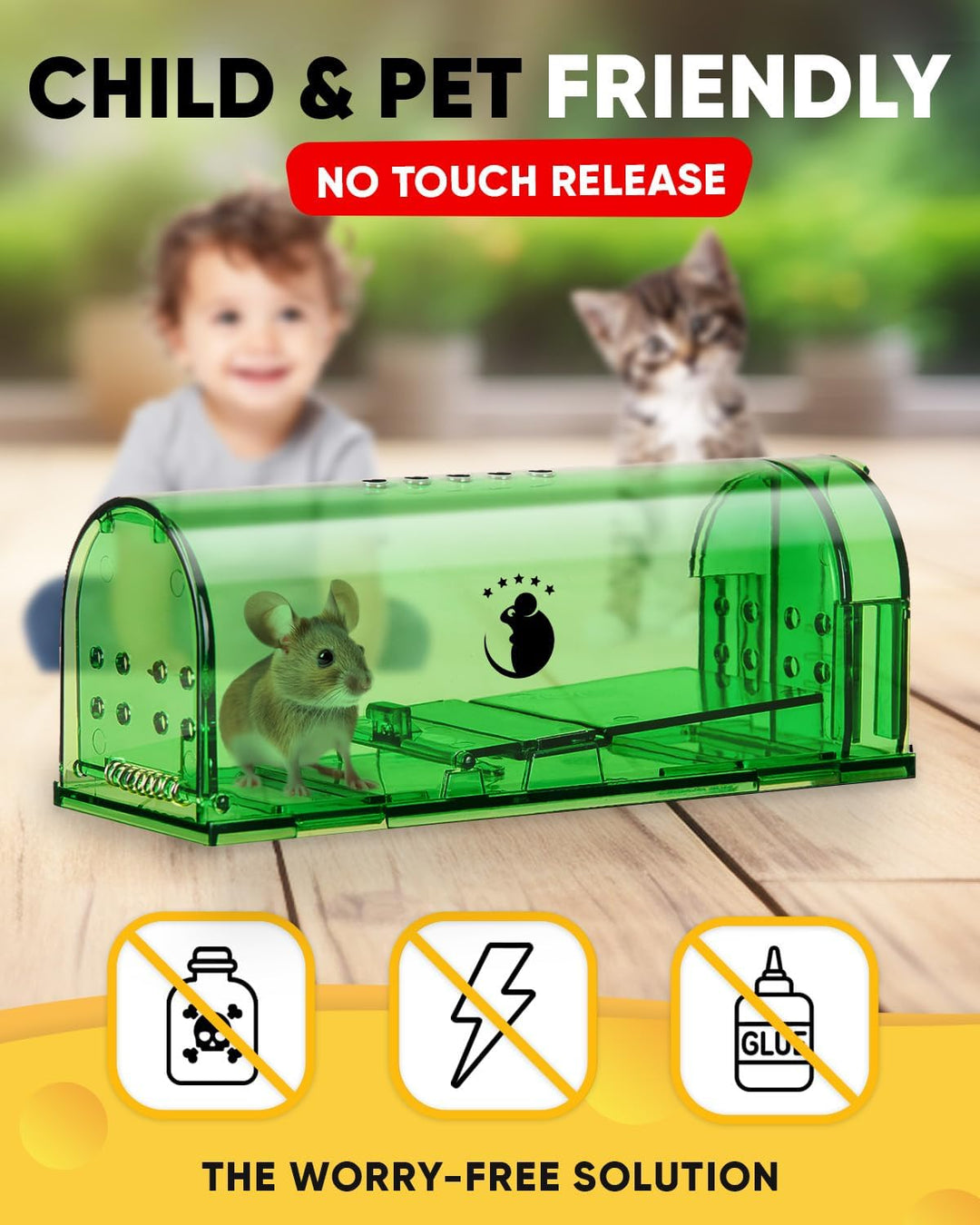 Reusable humane mouse traps (4-pack) for home protection. Easy setup live catch & release pest control.