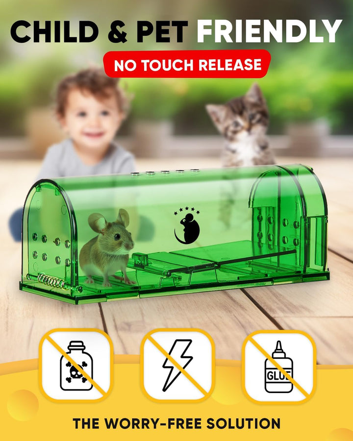 Reusable humane mouse traps (4-pack) for home protection. Easy setup live catch & release pest control.