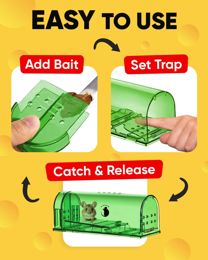Indoor/outdoor humane mouse traps, 4-pack. Live catch & release design for safe and effective pest control.