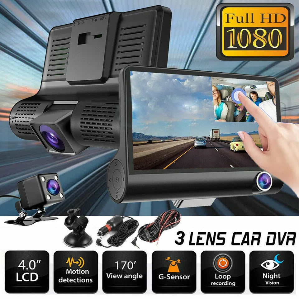 TavvitaImp009 Dual Lens Dash Cam with 4-inch touchscreen, capturing front & rear vehicle views for safety.