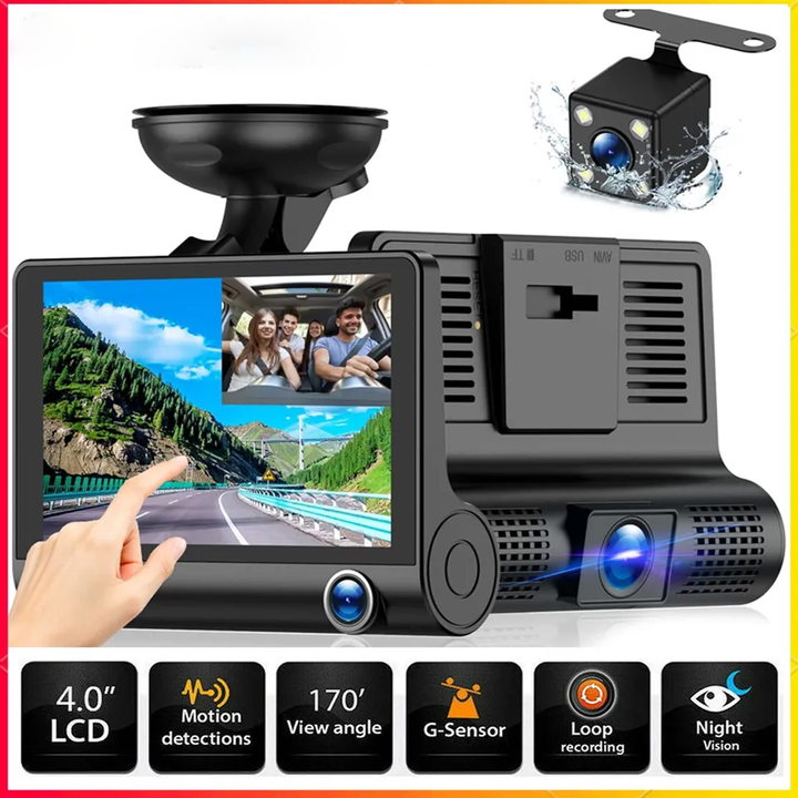 HD Dual Lens Car Camera TavvitaImp009. Offers night vision, parking monitor & G-sensor for enhanced vehicle security.