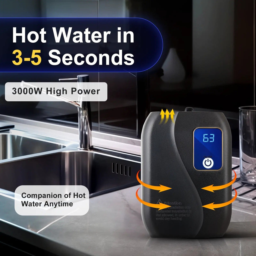 Modern TavvitaImp009 tankless water heater installed in a bathroom, offering continuous hot water.