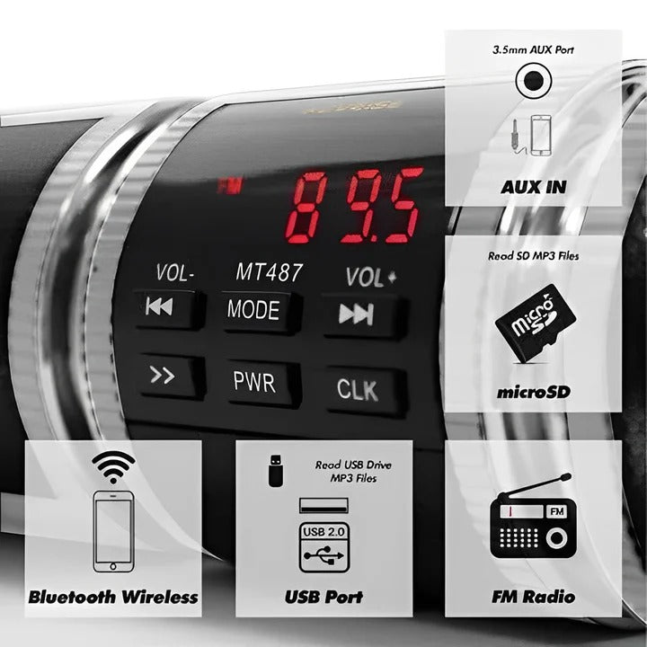 Water-resistant motorcycle Bluetooth speaker system with FM radio & USB player, designed for handlebar mount & outdoor sound.