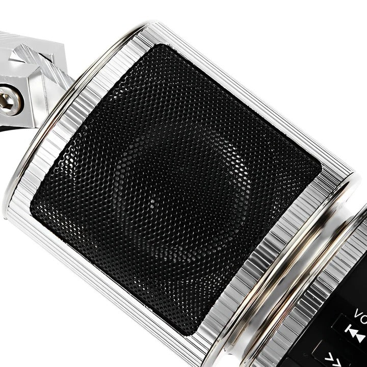Handlebar mount motorcycle Bluetooth speaker with FM radio & USB. Durable, water-resistant outdoor sound system for bikes.