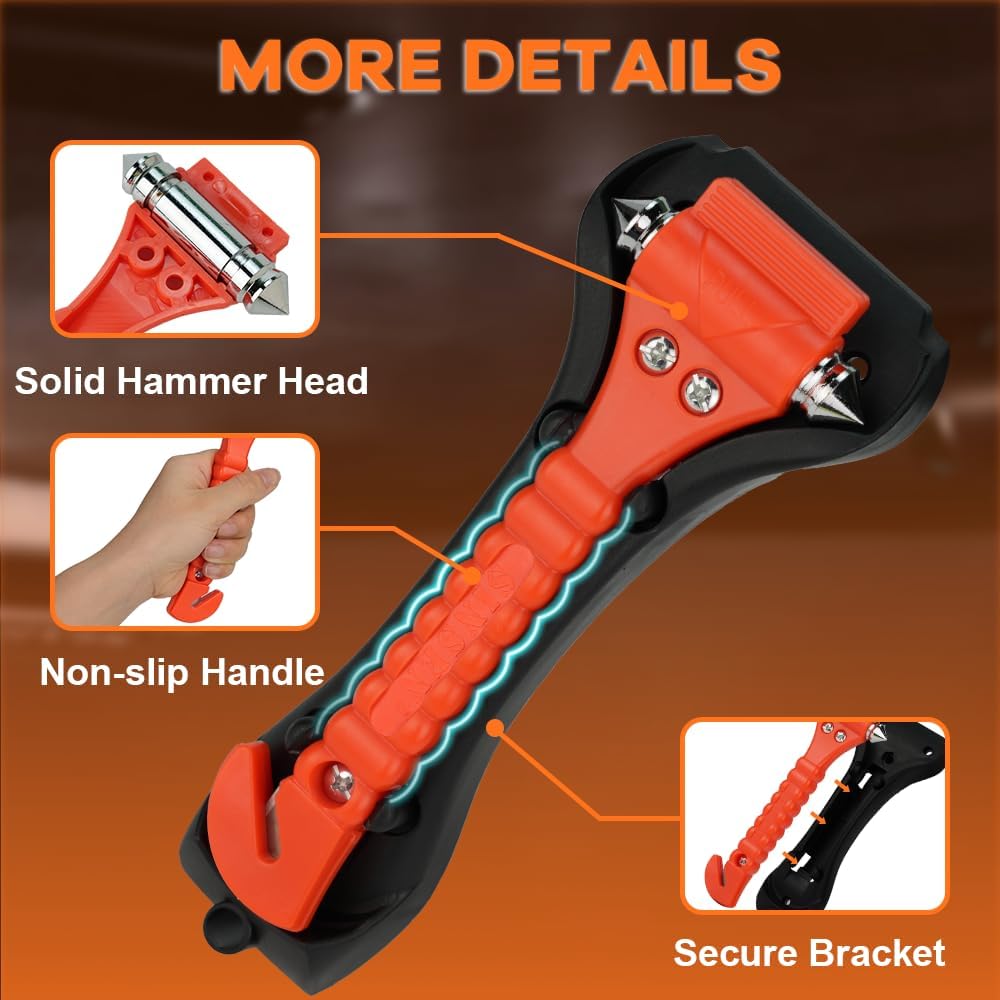 Compact car safety hammer with sharp window breaker. Critical emergency tool for quick vehicle escape.