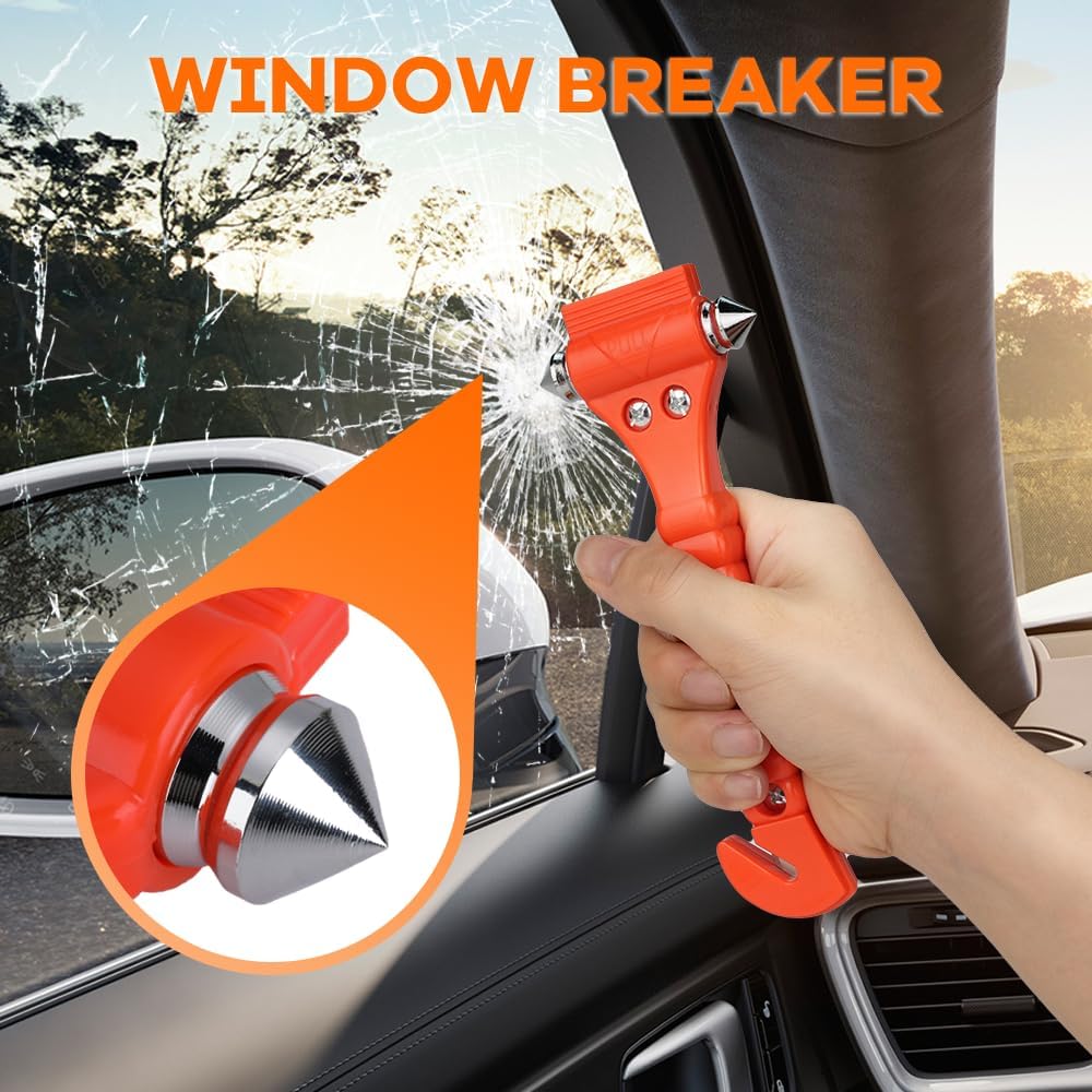Built-in seatbelt cutter for quick release from jammed restraints. Essential safety kit tool for roadside emergencies.