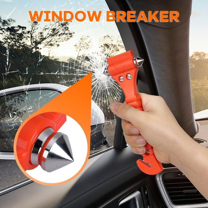 Built-in seatbelt cutter for quick release from jammed restraints. Essential safety kit tool for roadside emergencies.