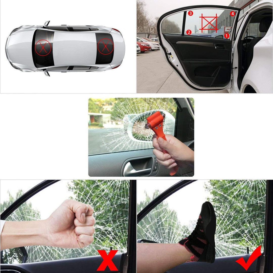 Dual-function emergency tool for vehicles. Window breaker and seatbelt cutter in one compact, easy-to-grab design.