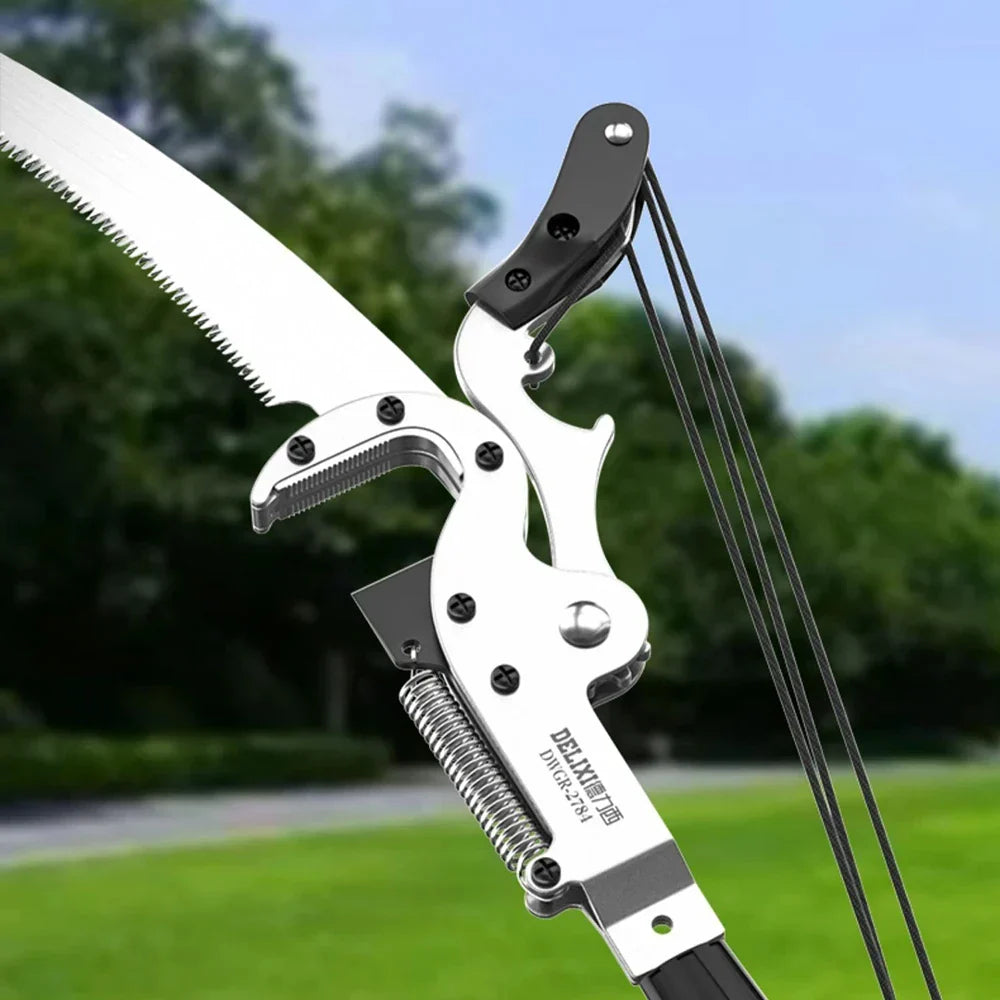Telescopic pole tree pruner with sharp SK5 steel blade, ideal for high branch fruit tree pruning & gardening.