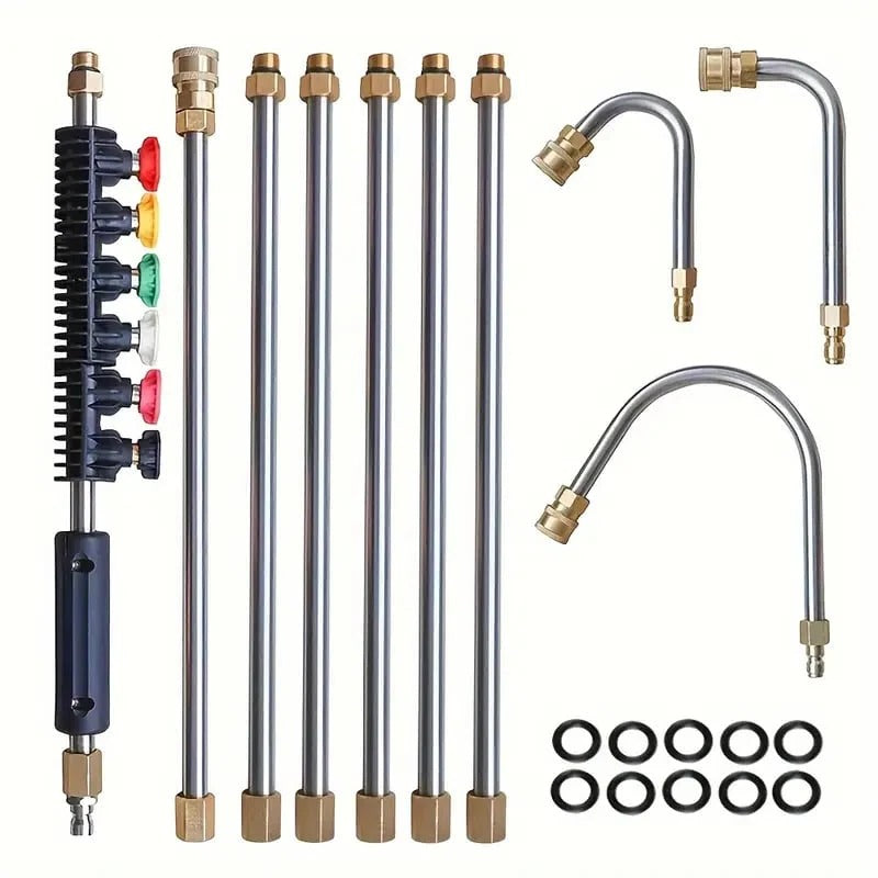 Extended telescoping pressure washer wand reaching high gutters, ideal for roof & outdoor cleaning.