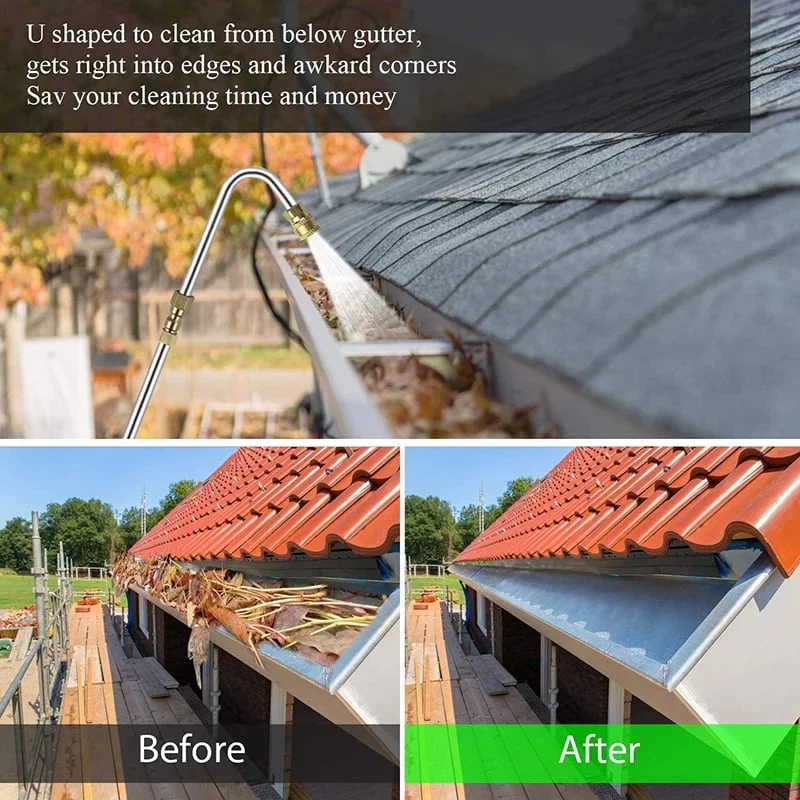 Powerful 4000 PSI telescoping pressure washer wand cleaning high gutters & roofs with ease. Outdoor.