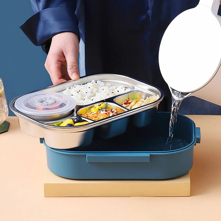 Efficient food storage: 4-compartment insulated stainless steel lunch box for fresh, portioned meals.
