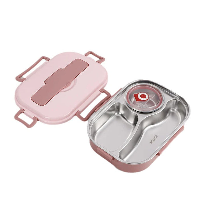 Multi-compartment stainless steel bento box, leakproof & insulated for diverse work or school lunches.