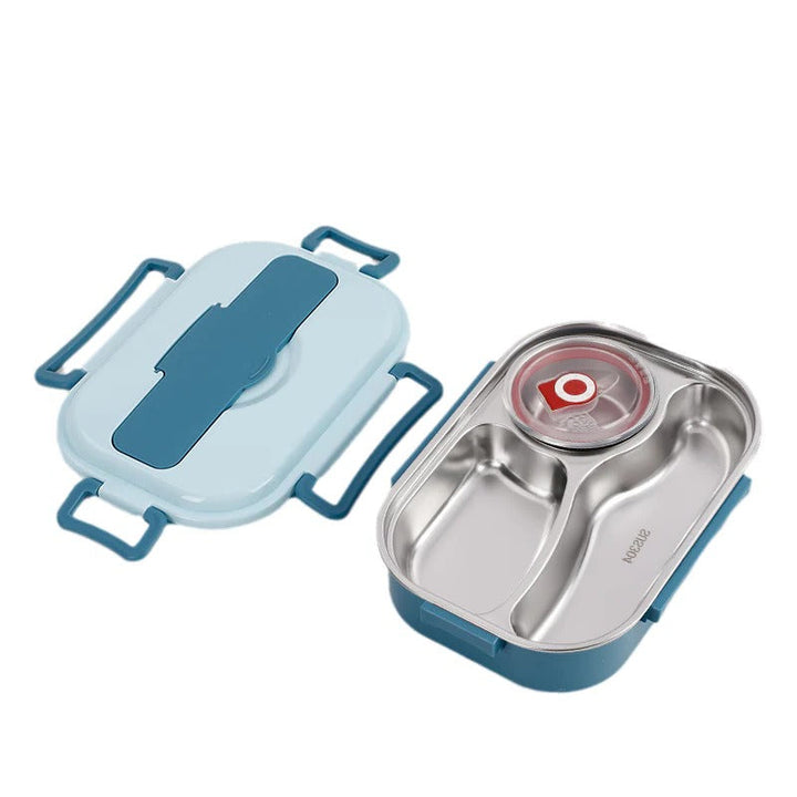 Durable stainless steel thermal lunch box, 4 insulated compartments for fresh, organized food storage.