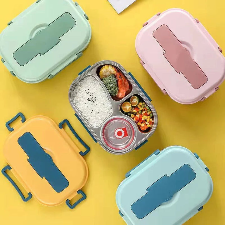 Stainless steel bento box, 4 insulated compartments for healthy, organized meal prep for any age.