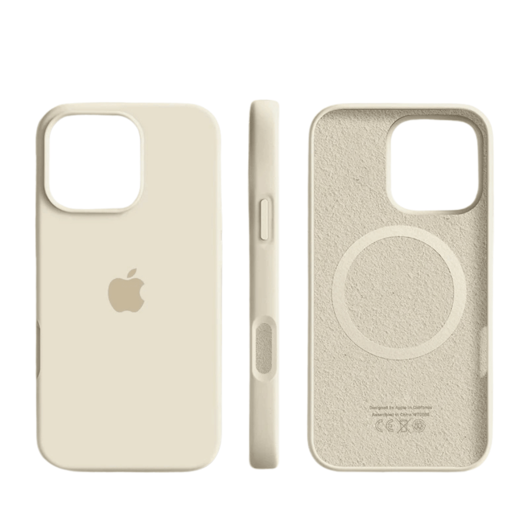 Thin magnetic silicone iPhone case with MagSafe compatibility for secure attachment and charging.