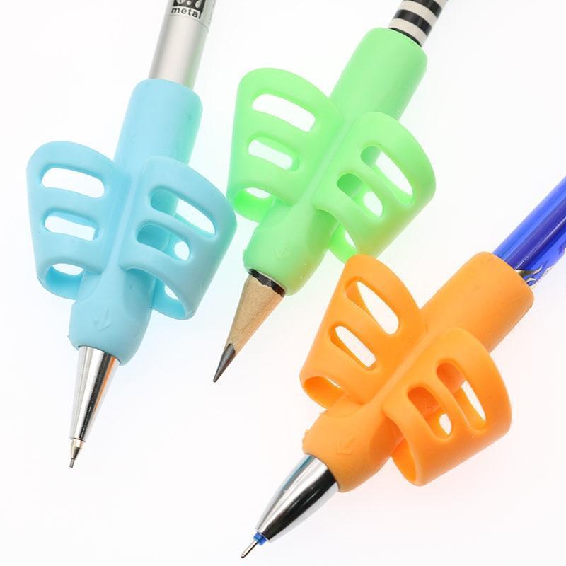Close-up of a blue ergonomic pencil grip designed for children on a yellow pencil, improving writing posture.