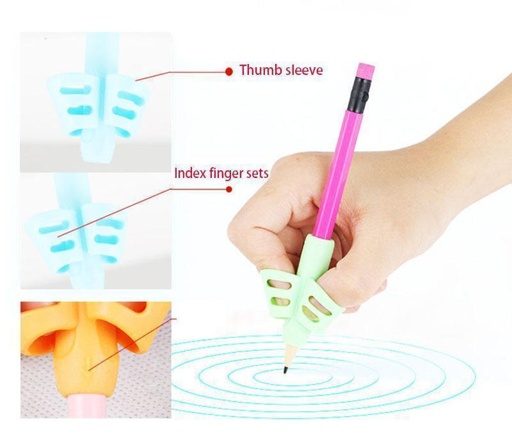 Child's hand holding a pencil with a red ergonomic silicone grip, demonstrating enhanced comfort and control.
