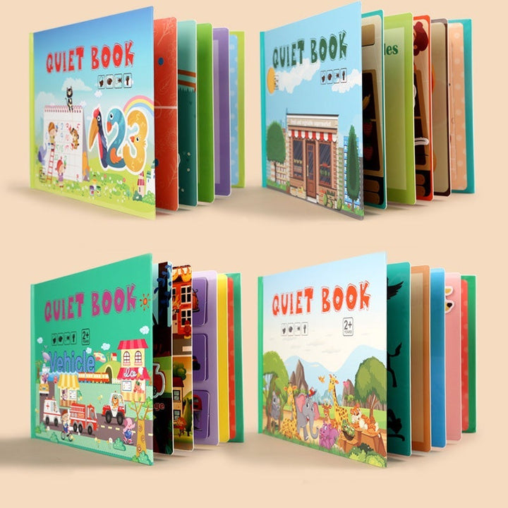 Interactive toddler educational busy book open to a page with buckles, fostering fine motor development.