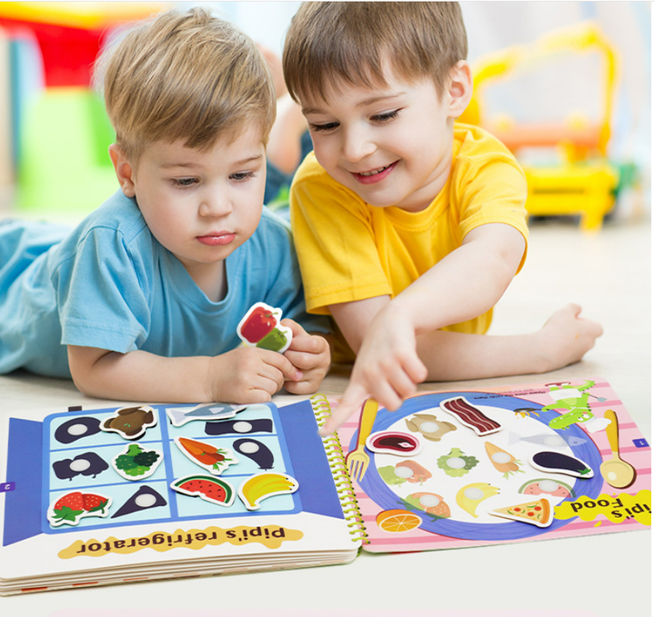 Close-up of a busy book page showing a soft felt puzzle, great for early problem-solving skills.
