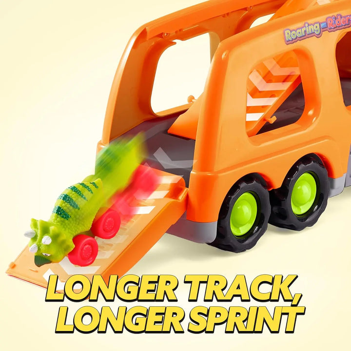 Close-up of colorful dinosaur toy cars from the Toddler Dinomover vehicle set, perfect for little hands.