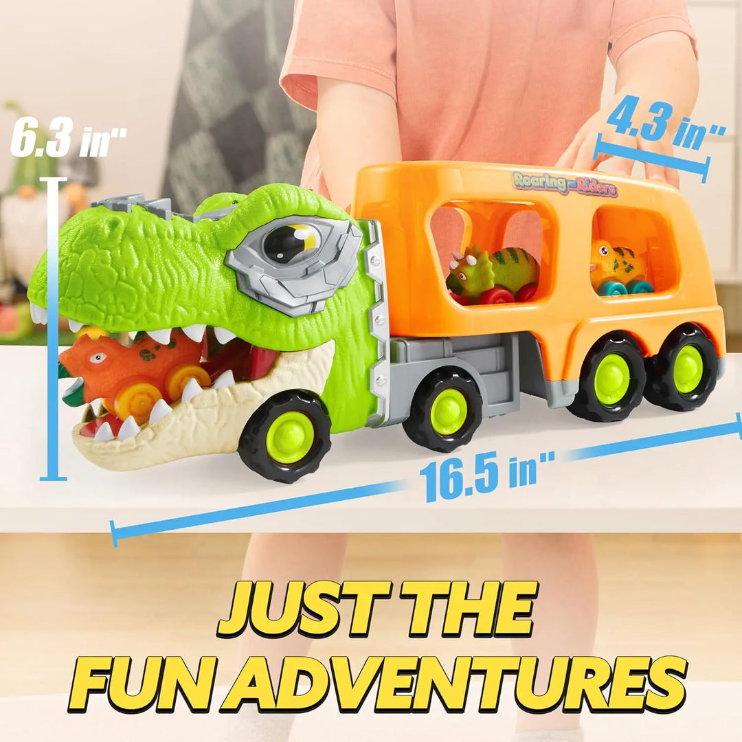 Dinomover car carrier and multiple dinosaur toy cars, a great educational toy for toddlers' fine motor skills.