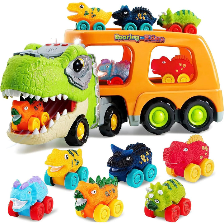 Collectible Toddler Dinomover Car Pack featuring a large carrier and several dinosaur-themed toy vehicles.