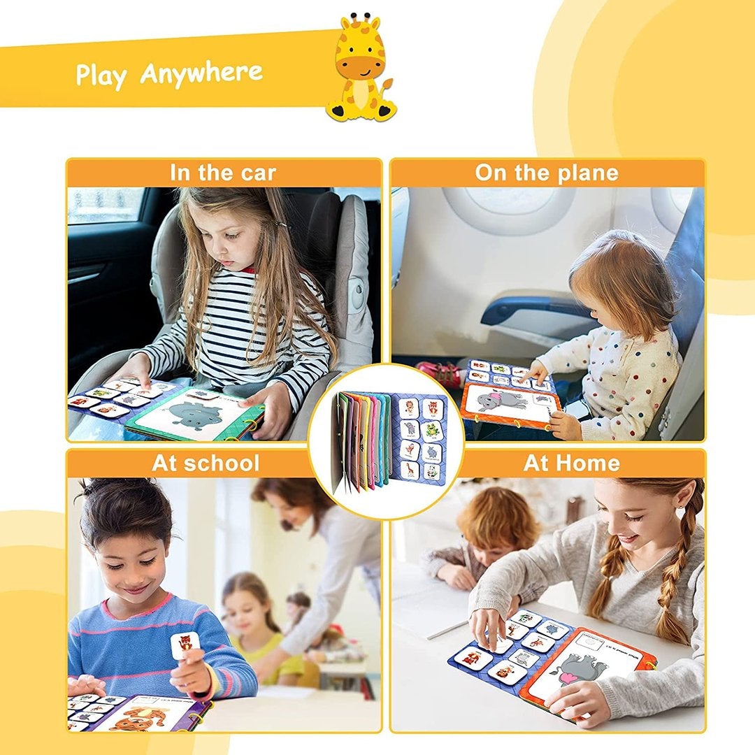 Collection of interactive elements within a Busy Book, including textures and shapes for sensory learning