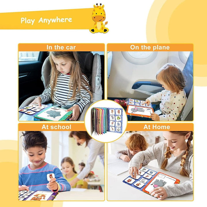 Collection of interactive elements within a Busy Book, including textures and shapes for sensory learning