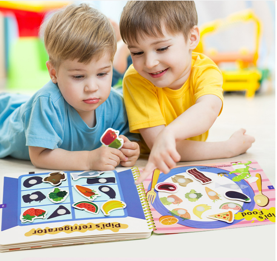 Full spread of a vibrant Busy Book for toddlers, showcasing diverse educational and play activities