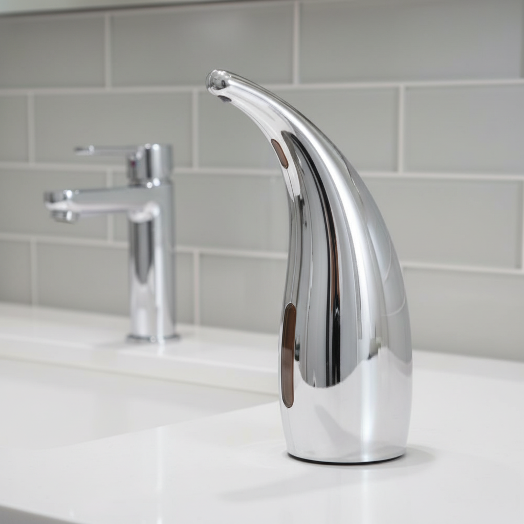 Touchless automatic soap dispenser for kitchen or bathroom, promoting hygiene with liquid soap.