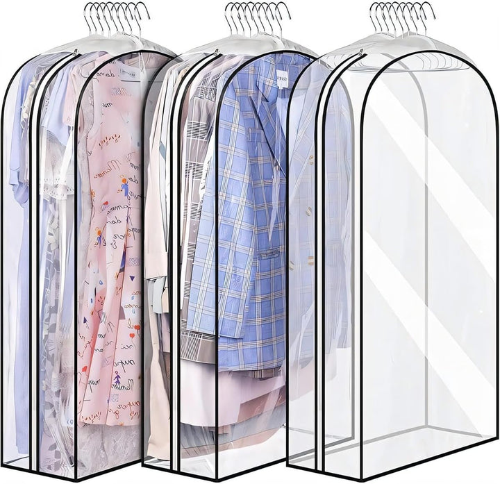 Transparent garment storage bags 6-pack; clear PEVA dust protectors for wardrobe & closet organization.
