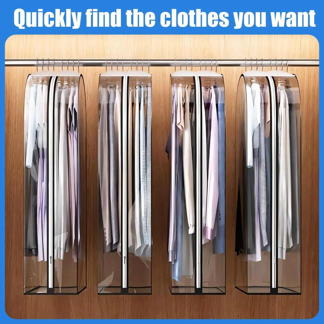 Transparent dress bags & suit covers, 6-pack, for long-term clothing protection & home organization.