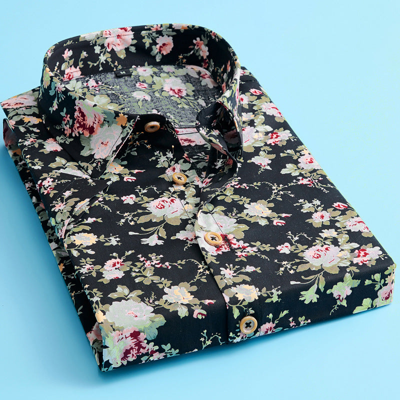 Vibrant short sleeve men's floral shirt. Modern casual wear, ideal for summer fashion and men's trendy style.