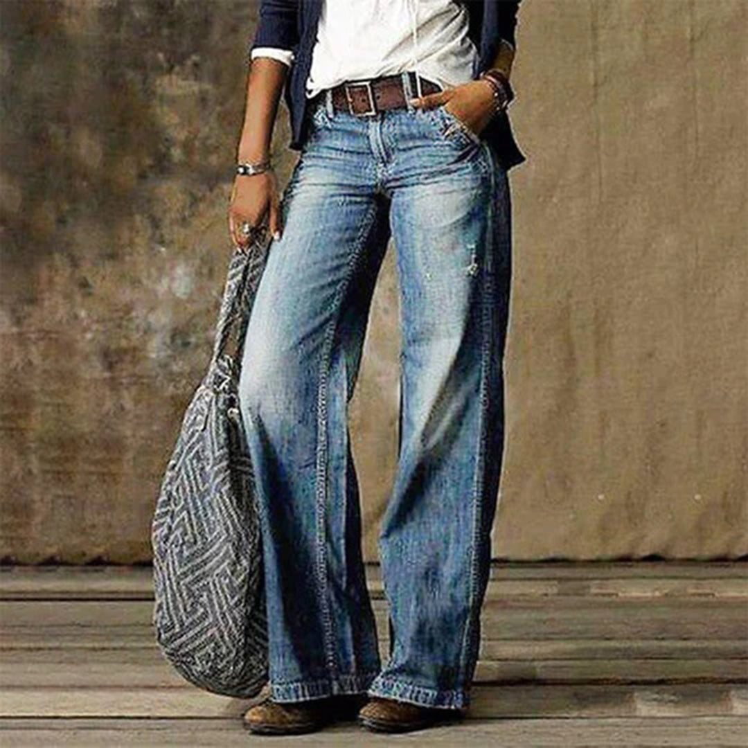 Trendy women's high-waisted wide-leg jeans, perfect for a chic casual look & everyday style.