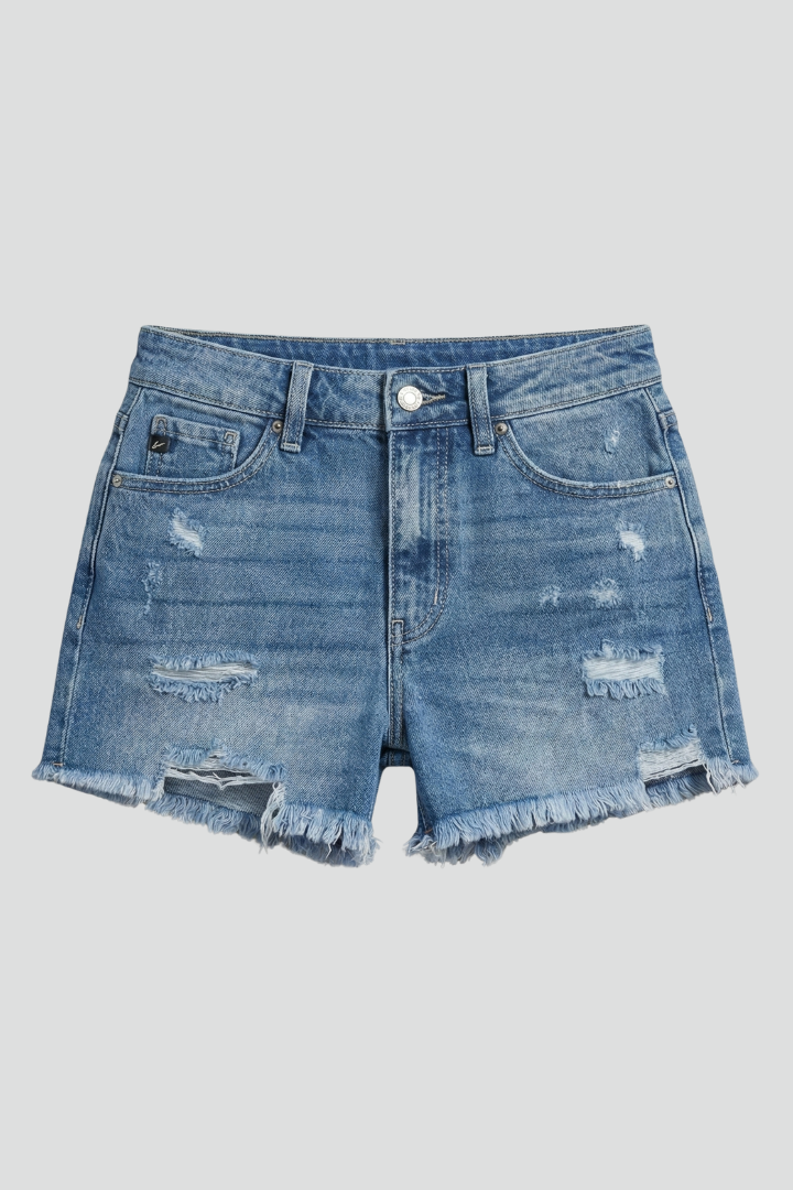 Trendy women's mid-rise denim shorts with ripped details and a stylish frayed hem, perfect for summer casual wear.