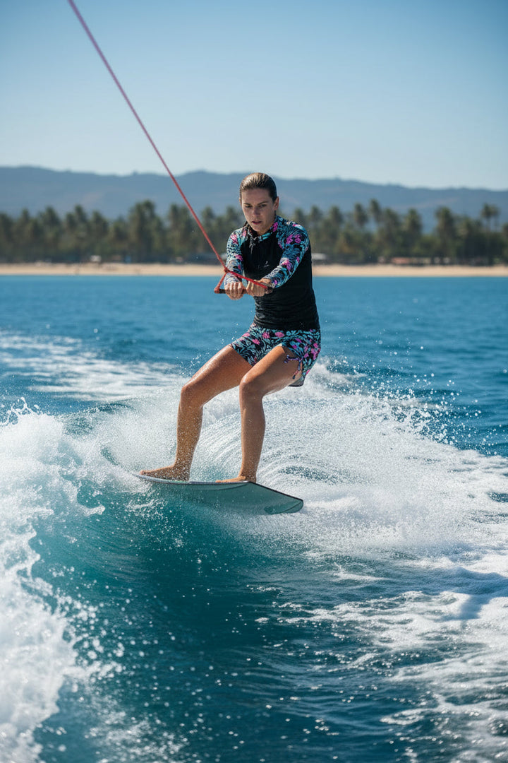 Stylish women's tropical rashguard swimwear set. Long sleeve top & high-waisted shorts for poolside fashion.