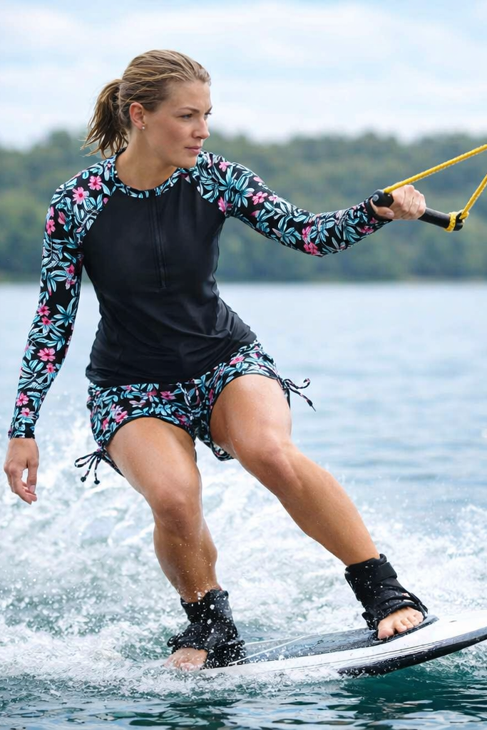 Sun-protective women's tropical rashguard swimsuit, a two-piece set with long sleeves for active beachwear.