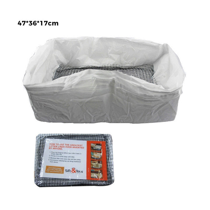 Reusable cat litter liner bag next to a bag of cat litter, suggesting a complete and eco-friendly pet care system.