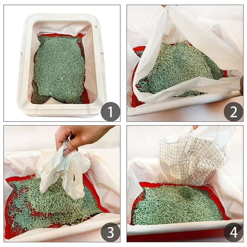 A cat pawing at a reusable cat litter liner bag, showing its pet-safe material for comfortable and easy clean use.