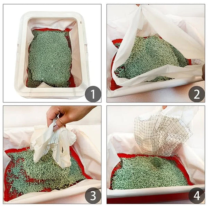 A cat pawing at a reusable cat litter liner bag, showing its pet-safe material for comfortable and easy clean use.
