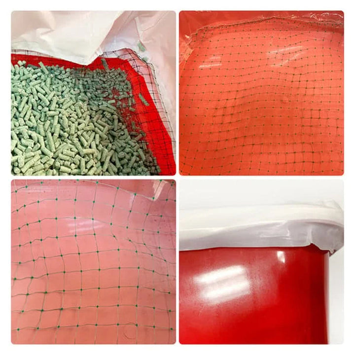 Reusable cat litter liner bag being placed into a litter box, illustrating its easy installation for pet owners.