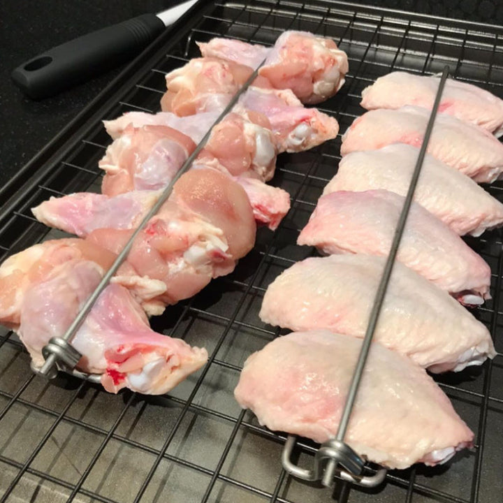 Set of U-shaped reusable stainless steel BBQ skewers for delicious grilled chicken & sausage