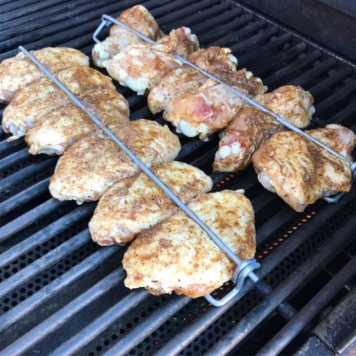 Kitchen grilling utensil: a pack of U-shaped metal skewers for bbq chicken wings & sausages