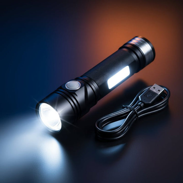 Ultra-bright 100,000 lumen waterproof LED flashlight, ideal for outdoor & emergency use.