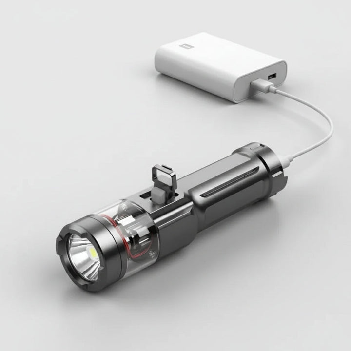 Rechargeable, ultra-bright 100,000 lumen LED flashlight, essential for emergency & outdoor lighting.