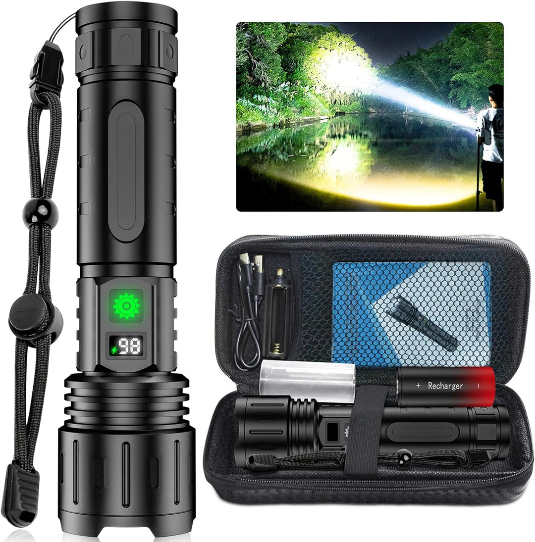 Ultra Bright LED Tactical Flashlight with 100,000 lumens, perfect for outdoor gear & emergency light.