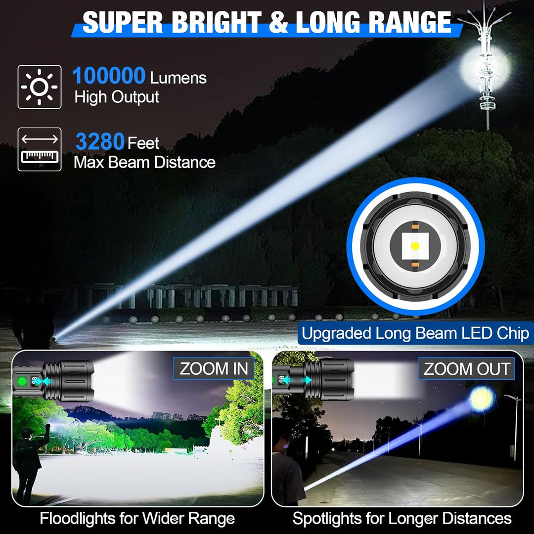 Rechargeable LED tactical flashlight, also functions as a power bank, ideal for camping, hiking, and emergencies.