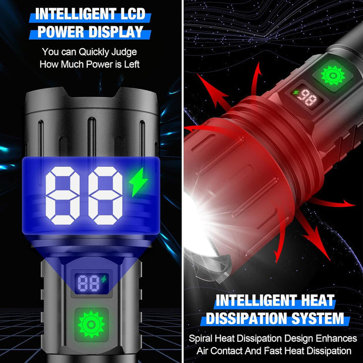 Durable & bright 100,000 lumen LED flashlight, rechargeable, a reliable emergency light for outdoor adventures.